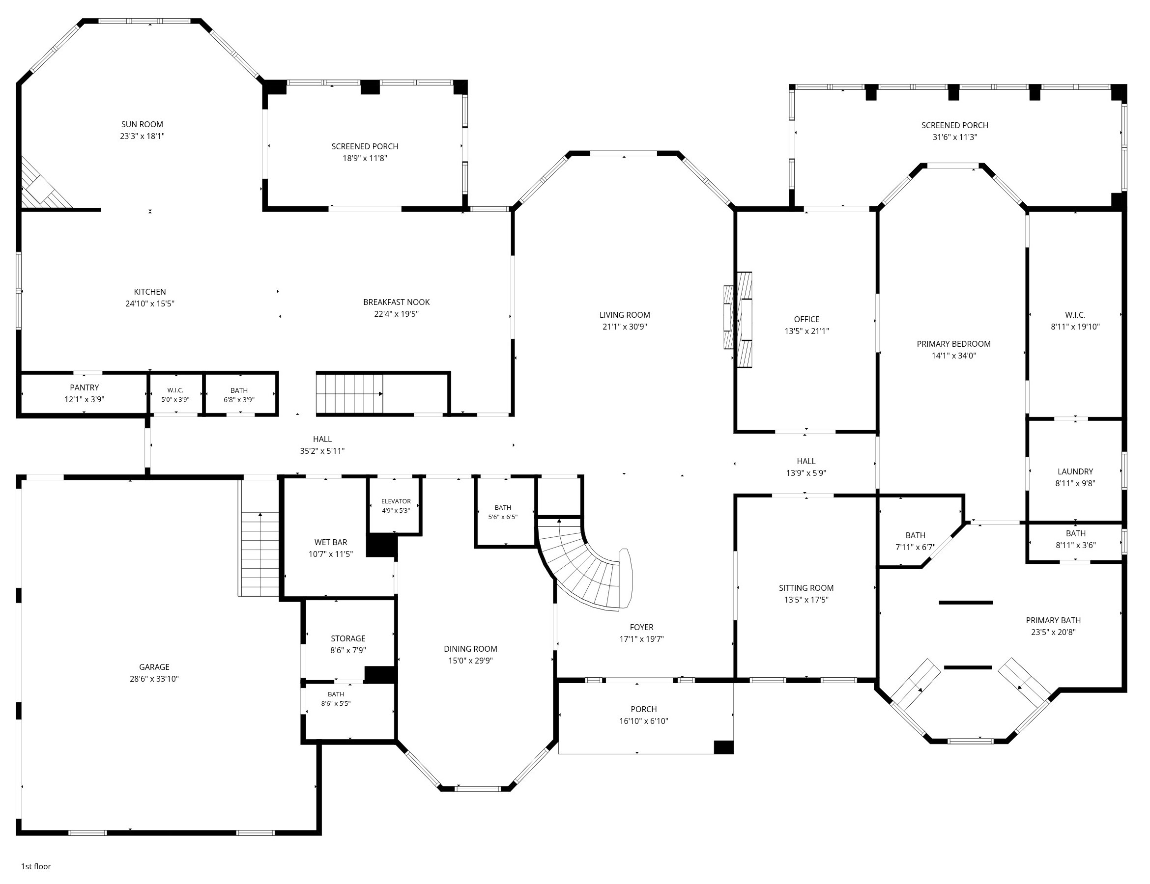 First-floor plan: foyer, living room, dining room, kitchen, breakfast nook, sun room, office, sitting room, primary suite, two screened porches, three-car garage
