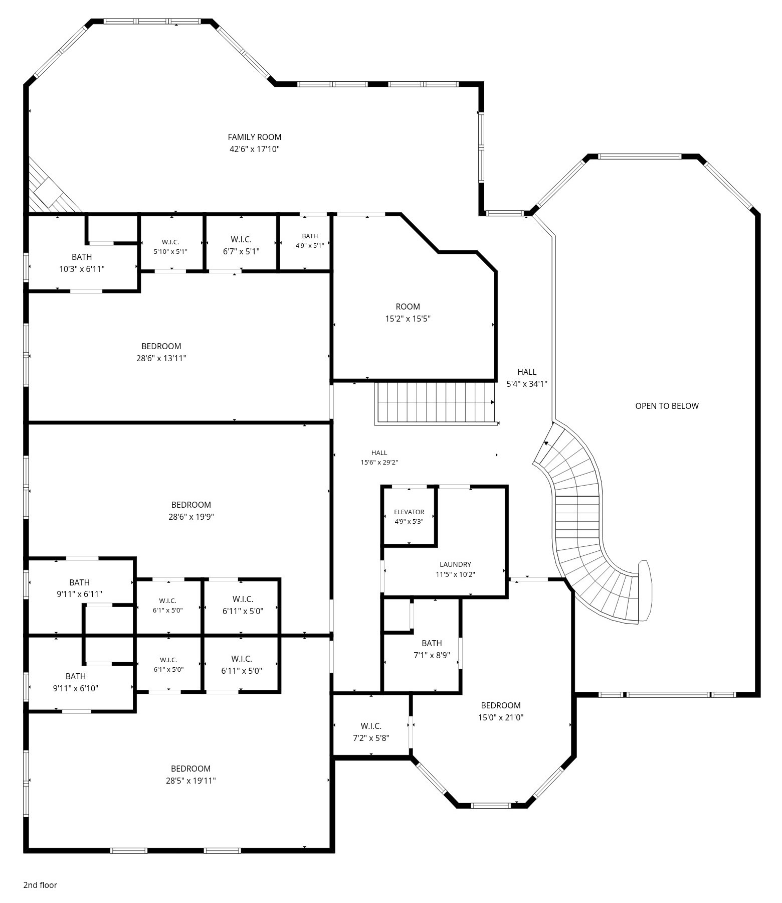 Second-floor plan: family room, four bedrooms with baths and walk-in closets, bonus room, laundry, open to the grand room below